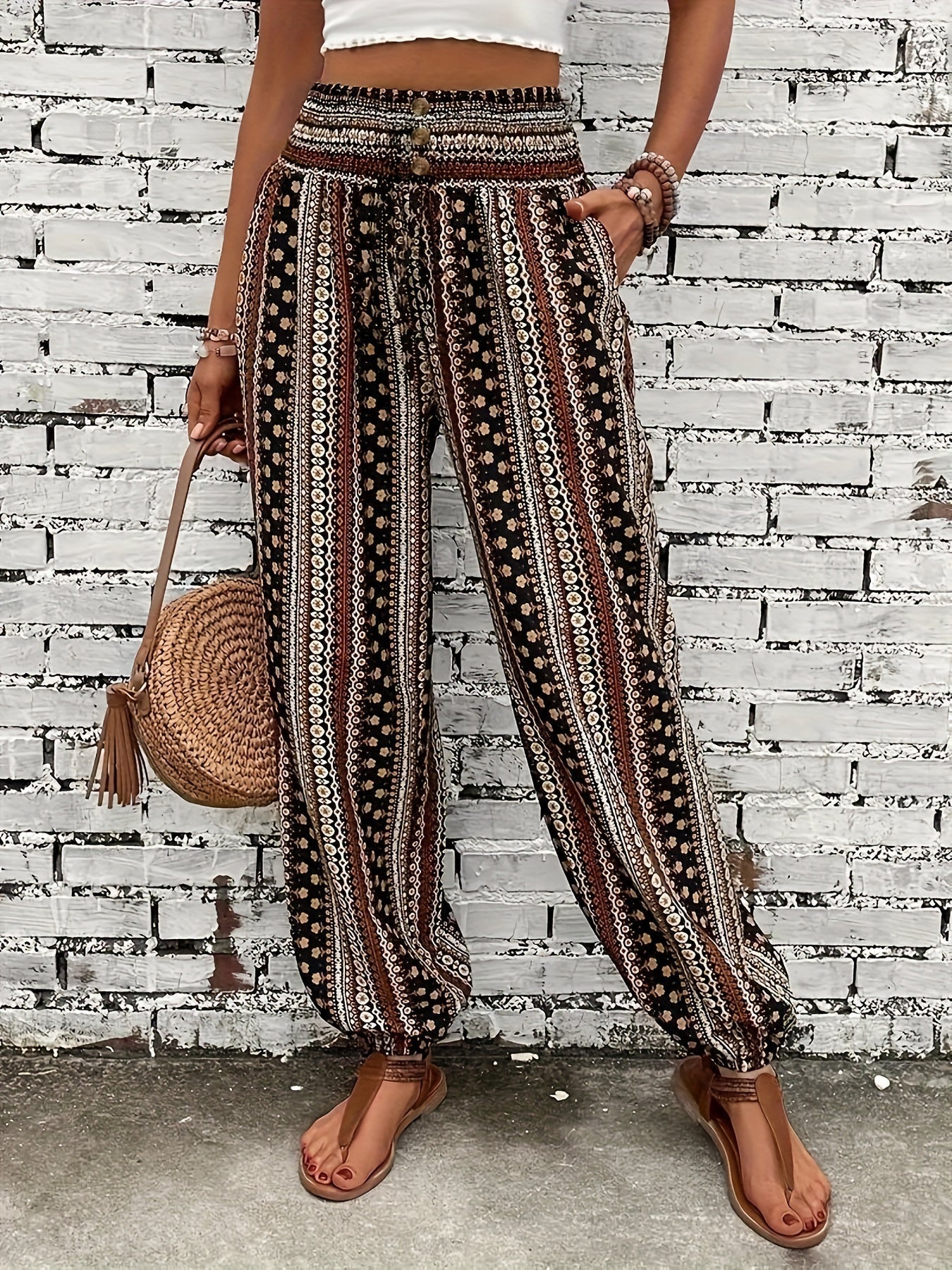 Boho High-Waist Damenhose mit Print & gesmoktem Bund – Linara 0