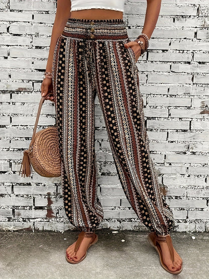 Boho High-Waist Damenhose mit Print & gesmoktem Bund – Linara 0