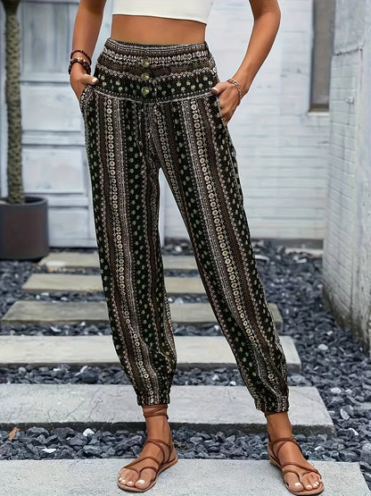 Boho High-Waist Damenhose mit Print & gesmoktem Bund – Linara 2