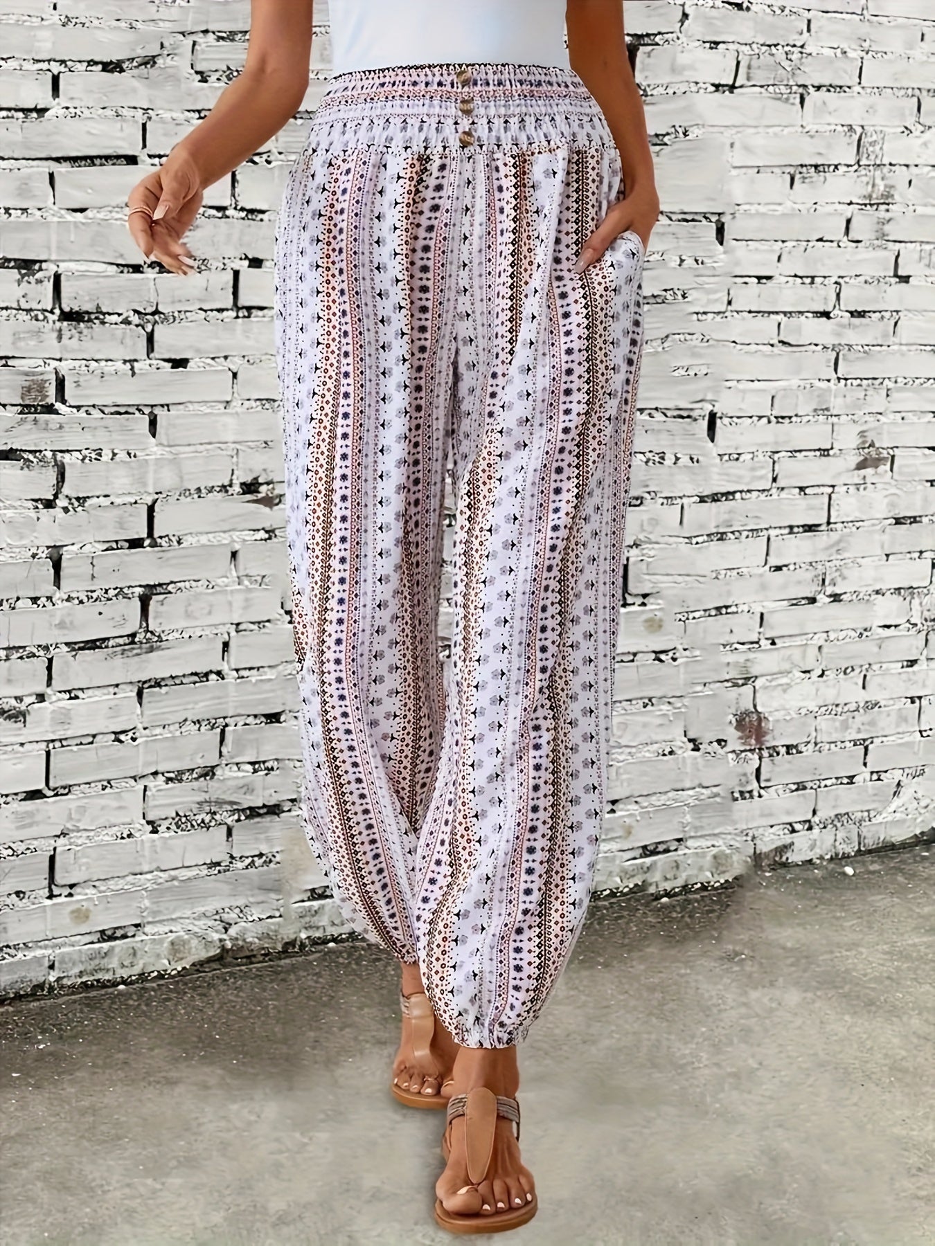 Boho High-Waist Damenhose mit Print & gesmoktem Bund – Linara 3