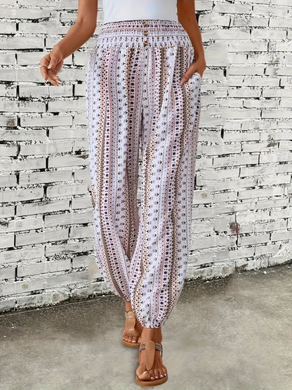 Boho High-Waist Damenhose mit Print & gesmoktem Bund – Linara 3