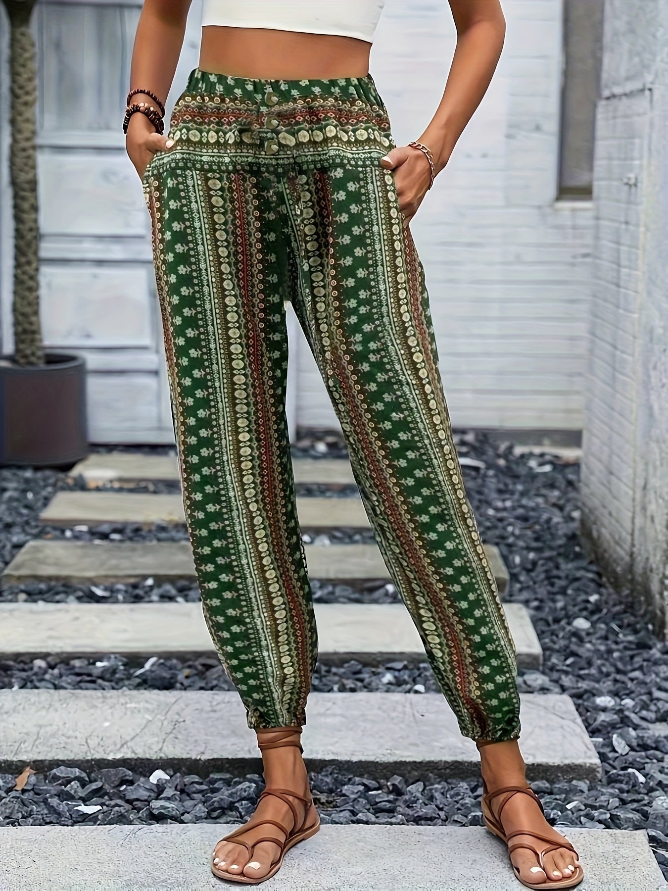 Boho High-Waist Damenhose mit Print & gesmoktem Bund – Linara 4