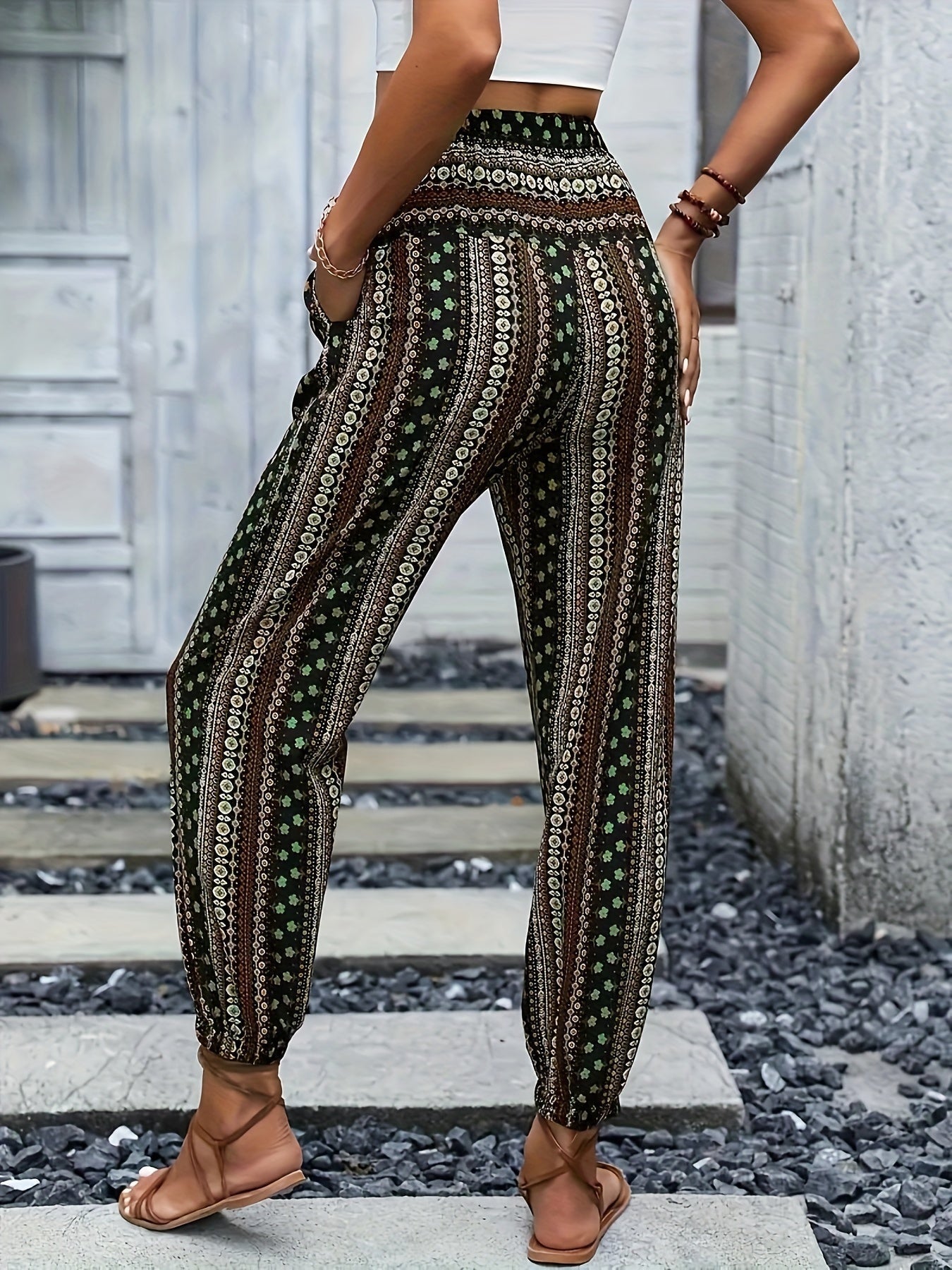 Boho High-Waist Damenhose mit Print & gesmoktem Bund – Linara 7