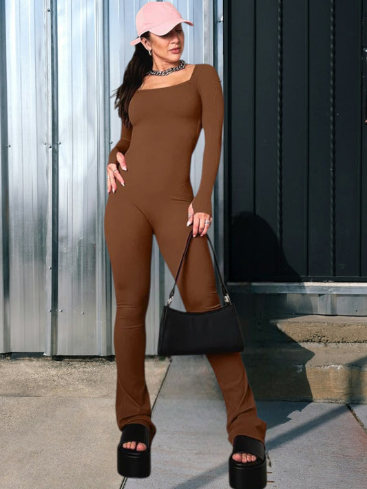Celine | Eleganter Langarm-Jumpsuit mit quadratischem Ausschnitt und schmalem Bein für Damen | Braun