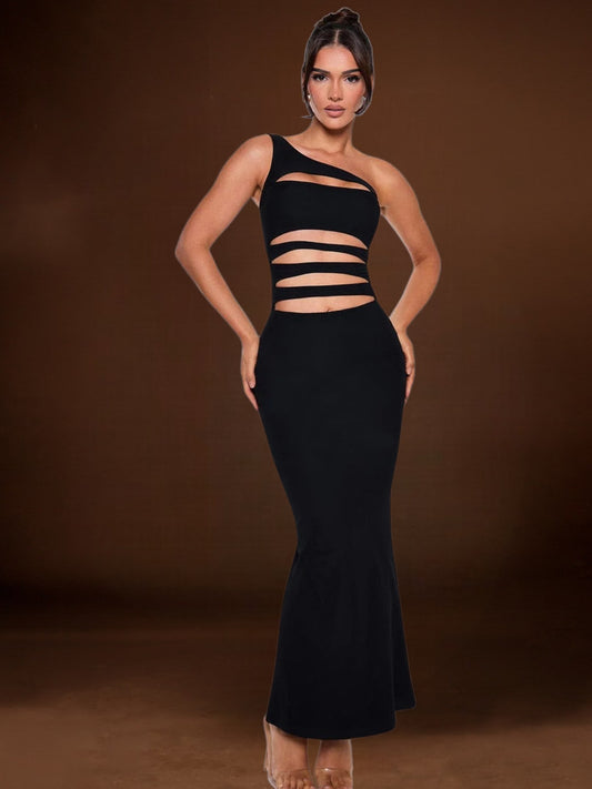 Chantal | Elegantes Maxikleid für Damen mit asymmetrischem Schnitt und Ausgeschnittene Details | Schwarz