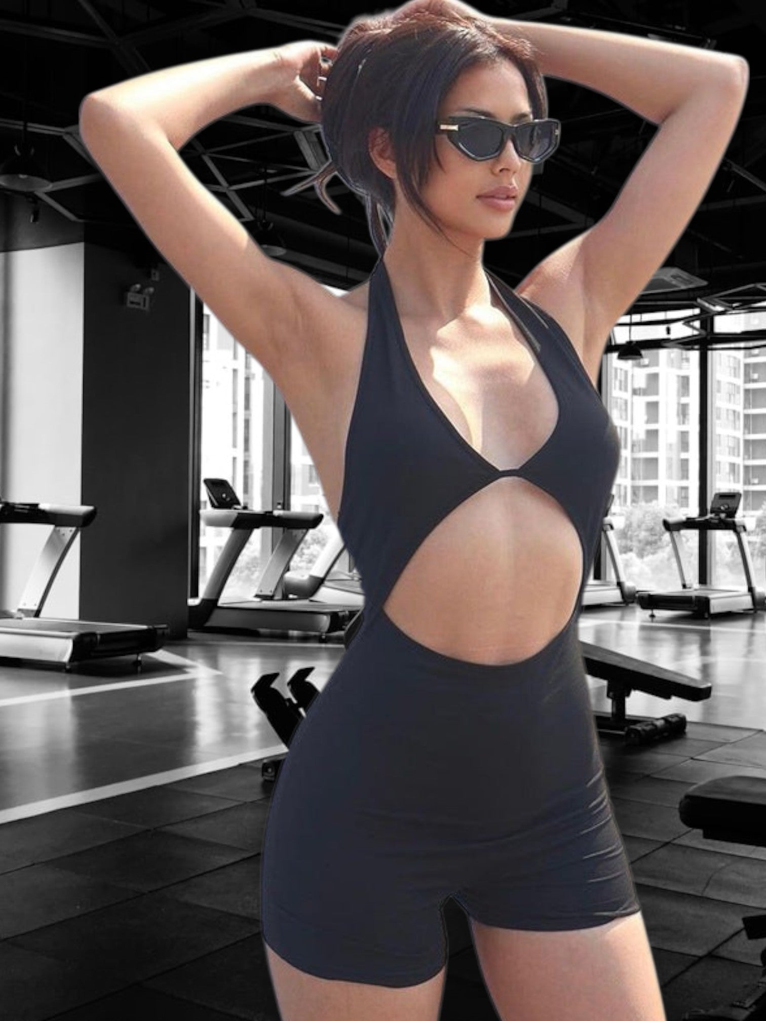 Cirella | Eleganter Damen-Einteiler mit Ausschnitt aus Stretchmaterial für den Sport | Schwarz 3