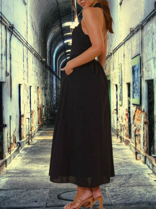 Clara | Elegantes Damenkleid mit Neckholder-Ausschnitt für Hochzeitsgäste in Midi-Länge aus hochwertigem Polyester | Schwarz