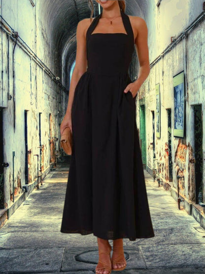 Clara | Elegantes Damenkleid mit Neckholder-Ausschnitt für Hochzeitsgäste in Midi-Länge aus hochwertigem Polyester | Schwarz 3