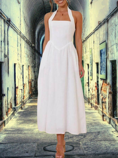 Clara | Elegantes Damenkleid mit Neckholder-Ausschnitt für Hochzeitsgäste in Midi-Länge aus hochwertigem Polyester | Weiß 2
