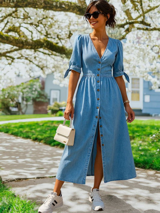 Clara | Elegantes Damenkleid mit V-Ausschnitt, Holzknöpfen und kurzen Schleifenärmeln aus atmungsaktivem Stoff | Blau