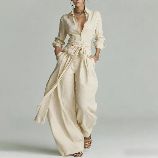Clara | Damen Linen Weite High-Waist Co-Ord Set mit Hemdbluse 0