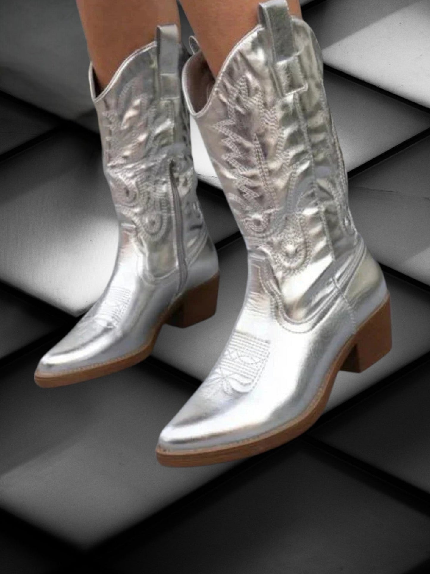 Cowgirl-Stiefel im synthetischen Leder mit mittlerer Höhe und gepolsterter Innensohle | Silber