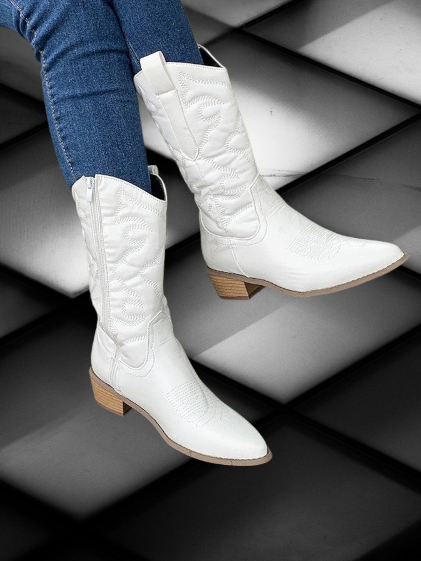 Cowgirl-Stiefel im synthetischen Leder mit mittlerer Höhe und gepolsterter Innensohle | WeiB