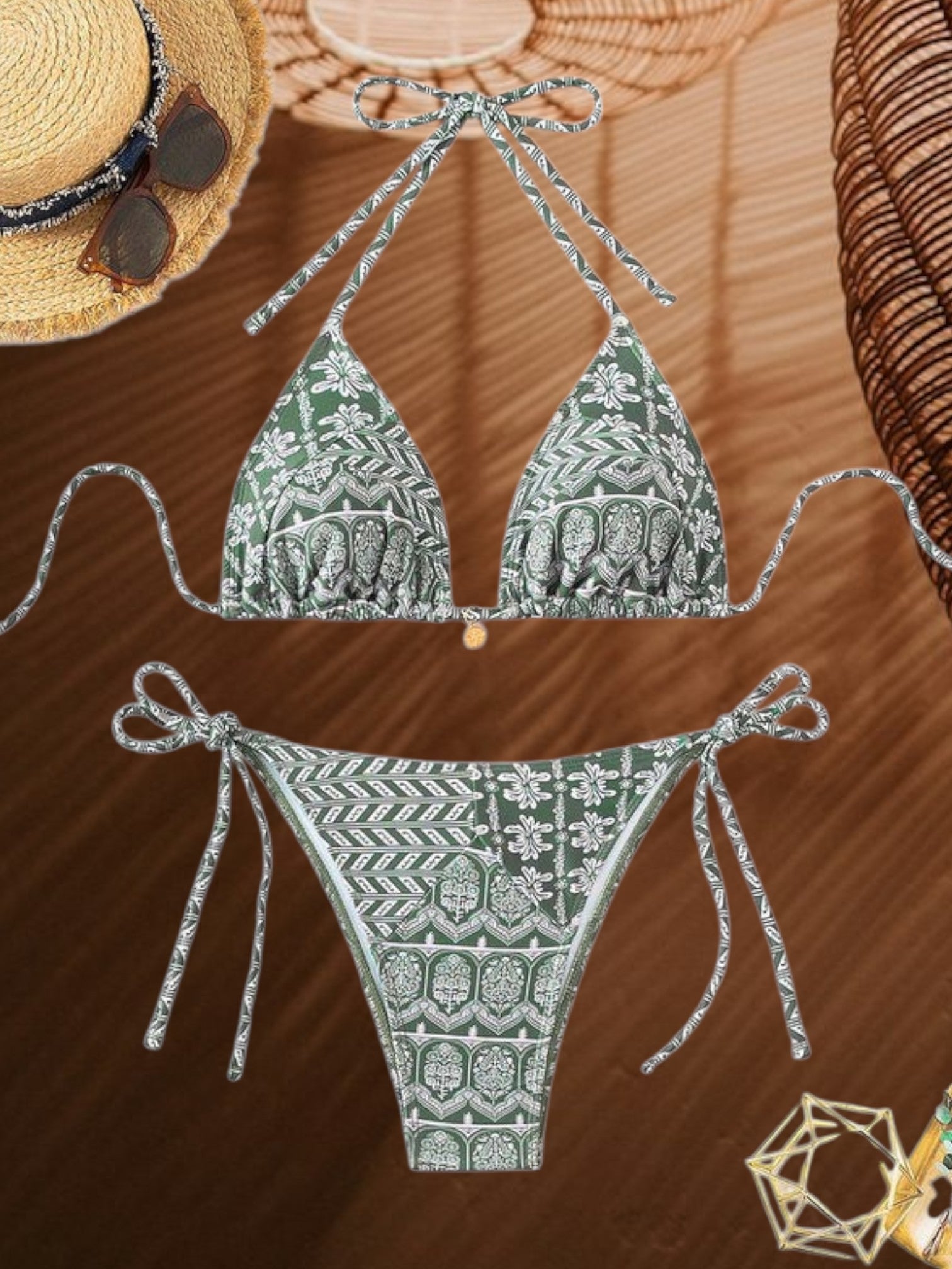 Damen-Bikini-Set mit Boho-Print, Triangel-Oberteil und verstellbarer Hose zum Binden an der Seite 0
