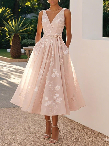 Damen Elegantes Blumenkleid mit tiefem V-Ausschnitt und Taillengürtel Echo Archiv 8