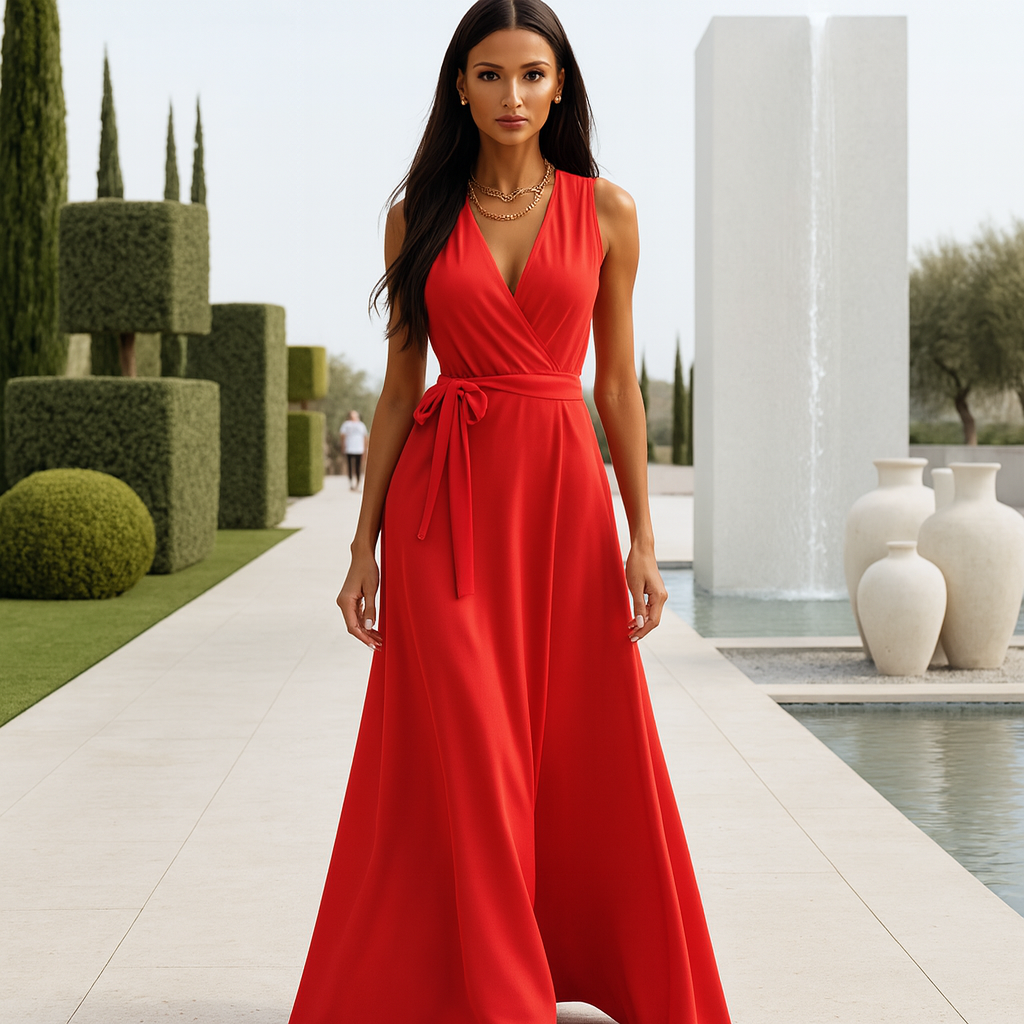 Damen Maxi-Abendkleid – V-Ausschnitt, Fliessend & Zeitlos Elegant 2