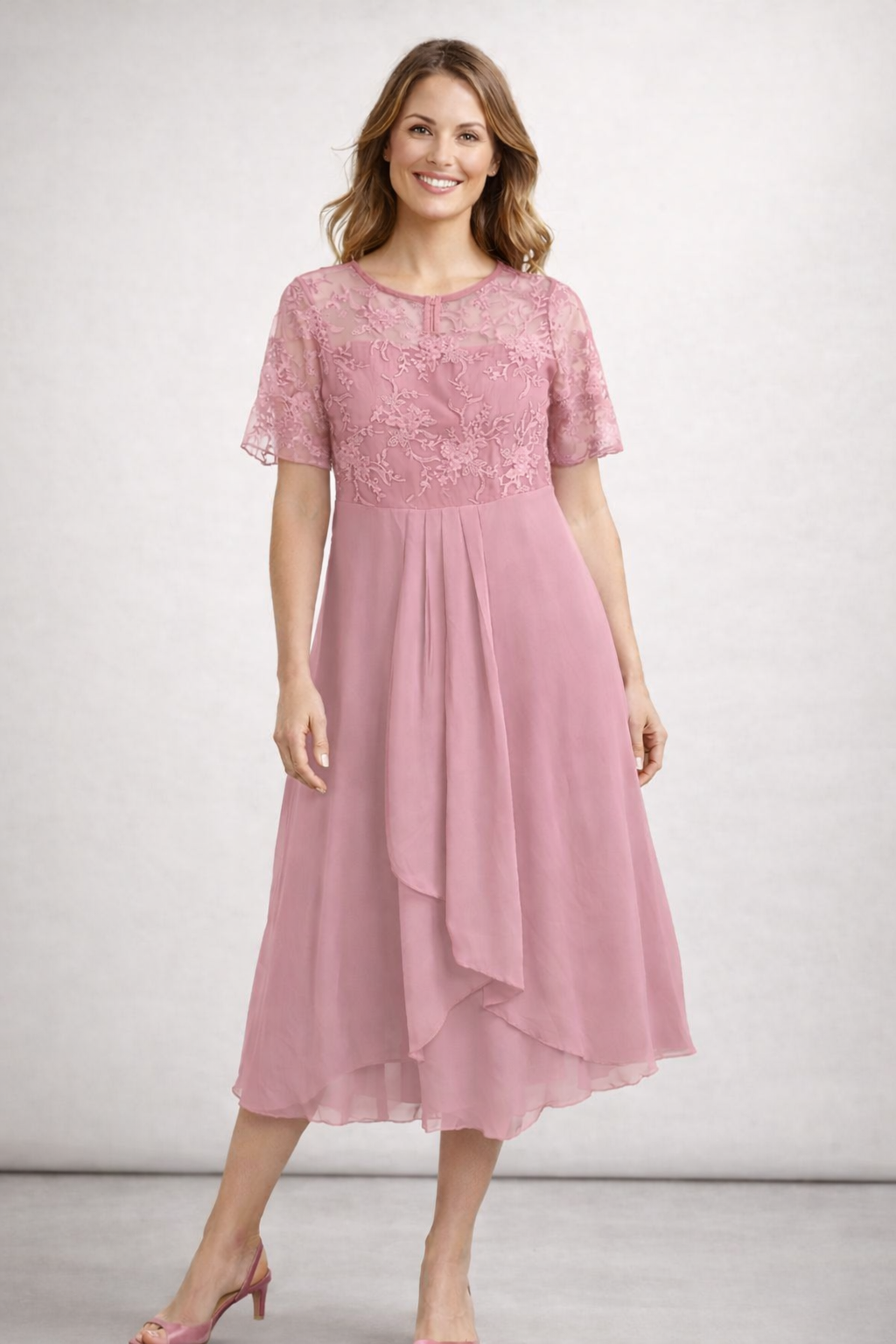Damen Midikleid mit Spitze und Chiffon Kurzarm 0