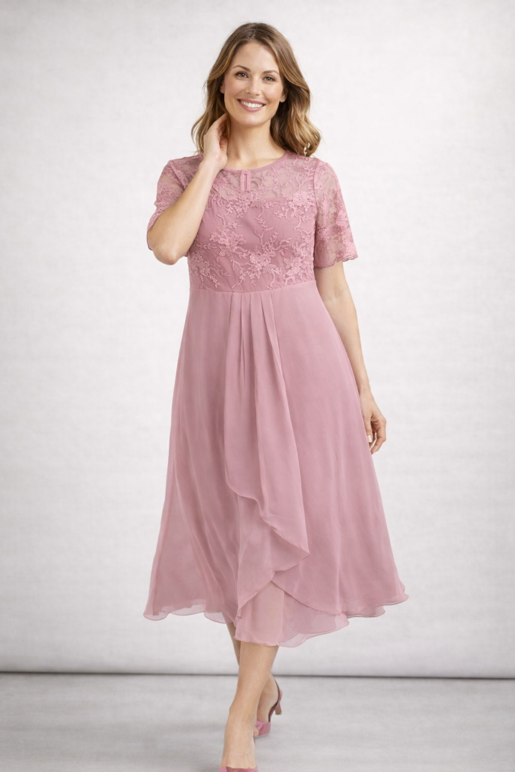Damen Midikleid mit Spitze und Chiffon Kurzarm 2
