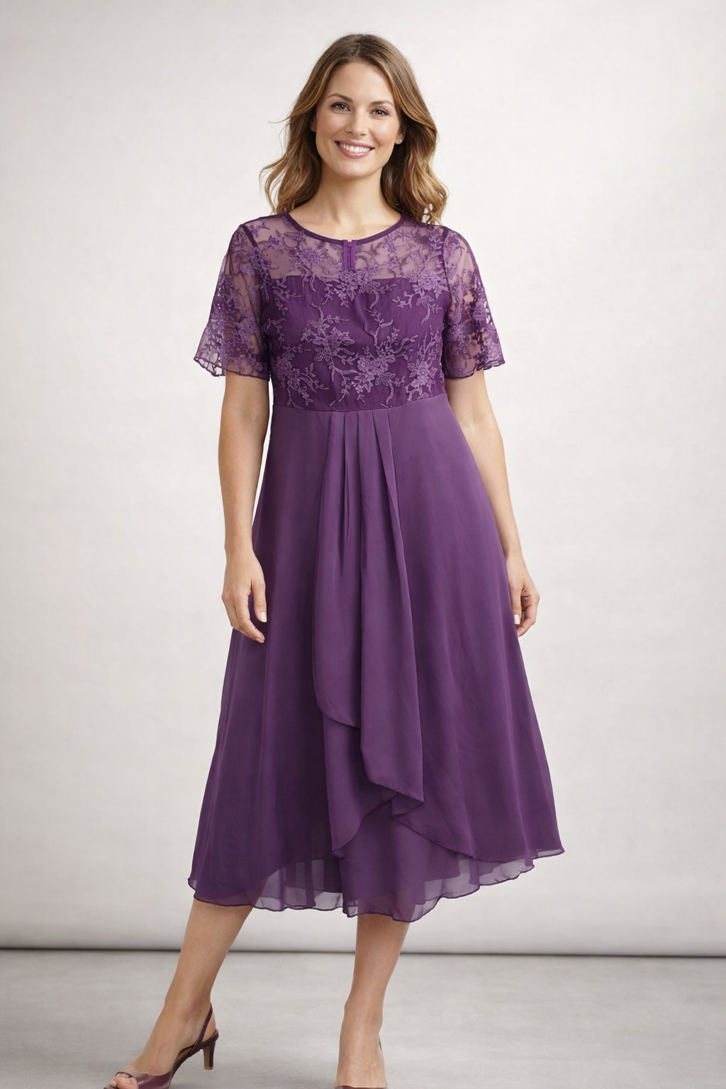Damen Midikleid mit Spitze und Chiffon Kurzarm 3