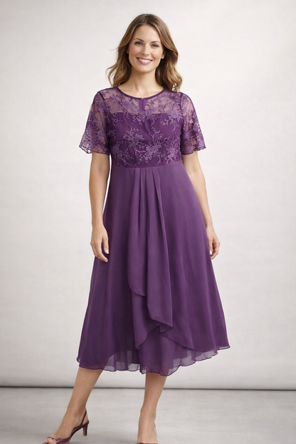 Damen Midikleid mit Spitze und Chiffon Kurzarm 3