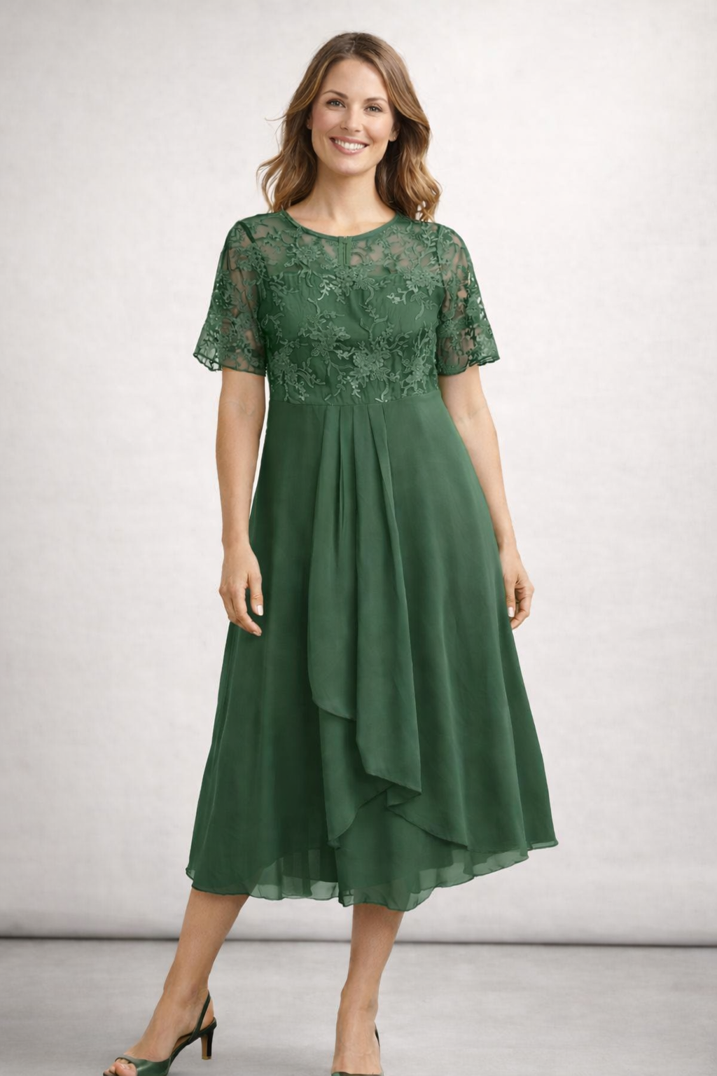 Damen Midikleid mit Spitze und Chiffon Kurzarm 4