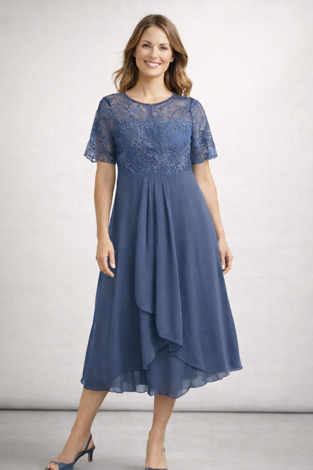 Damen Midikleid mit Spitze und Chiffon Kurzarm 5