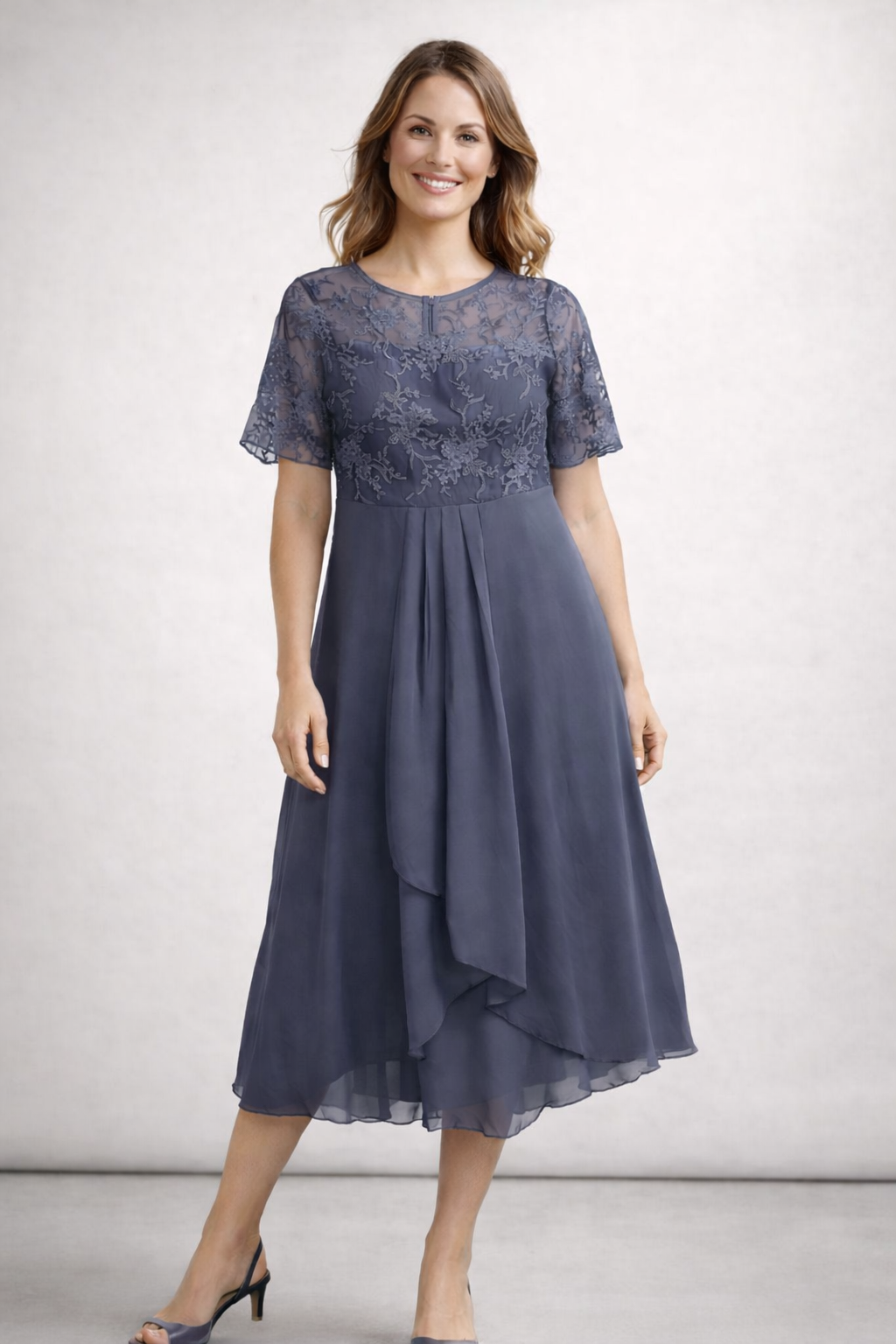 Damen Midikleid mit Spitze und Chiffon Kurzarm 6