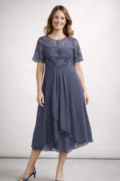 Damen Midikleid mit Spitze und Chiffon Kurzarm 6