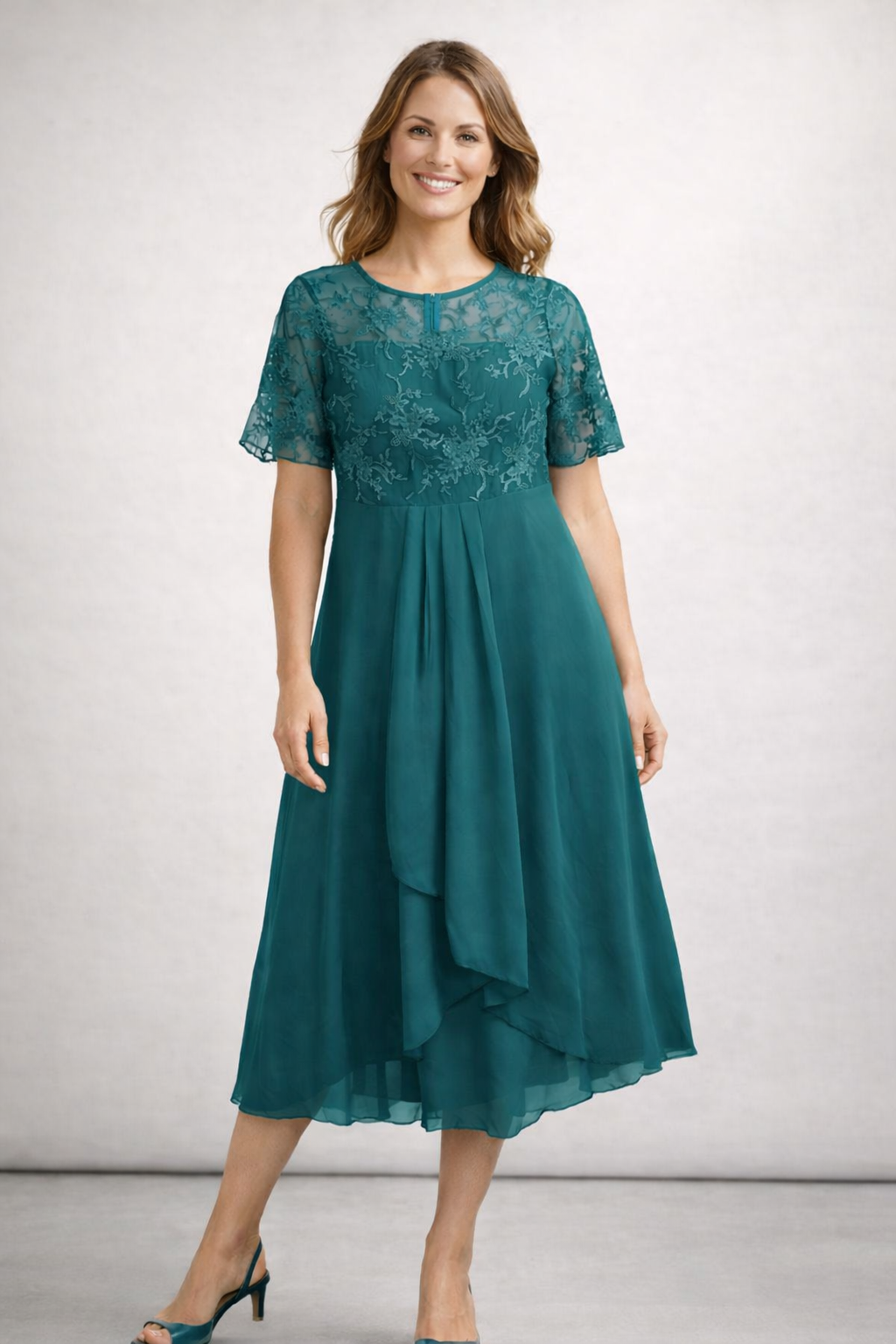 Damen Midikleid mit Spitze und Chiffon Kurzarm 7