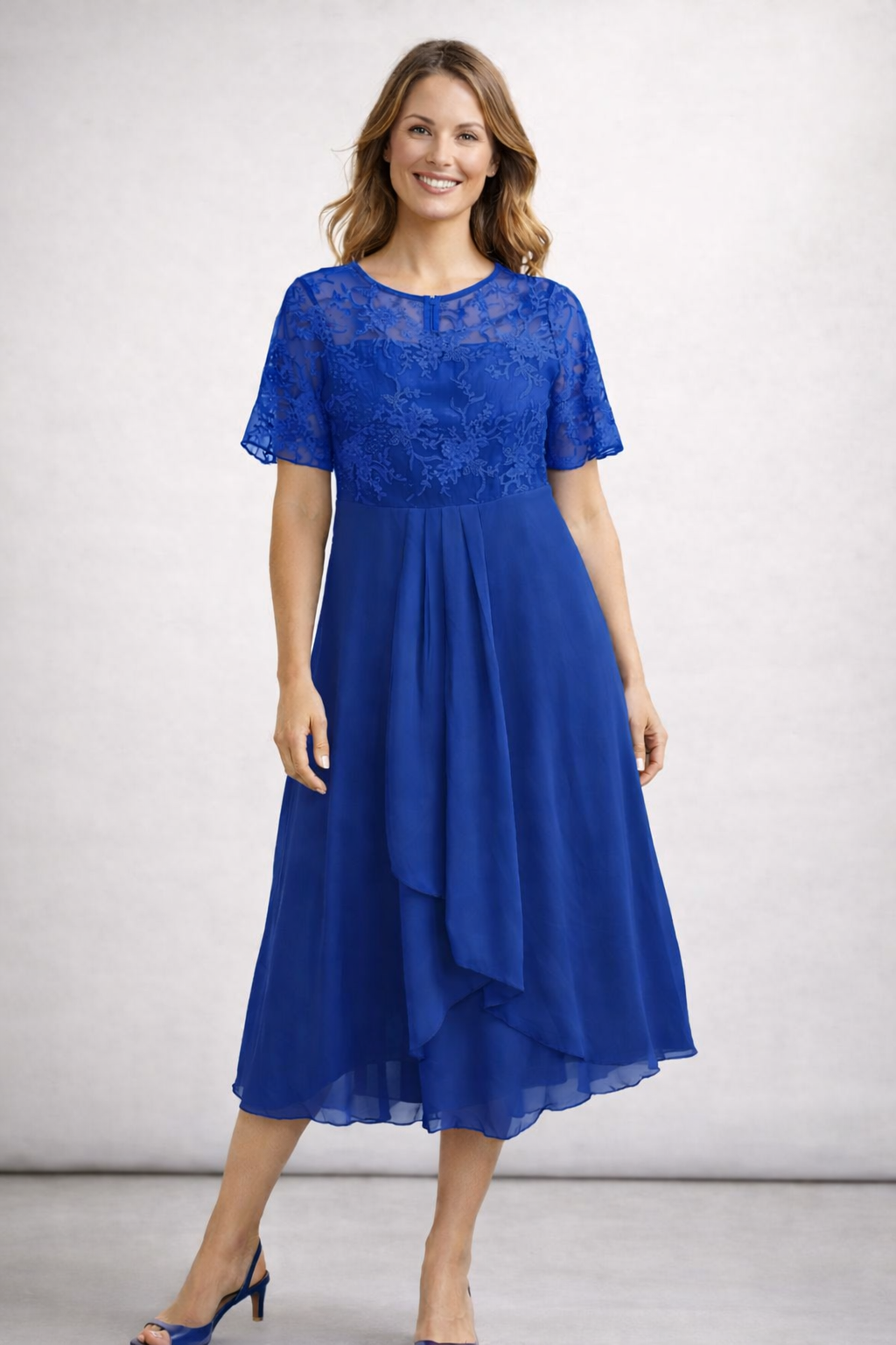 Damen Midikleid mit Spitze und Chiffon Kurzarm 8