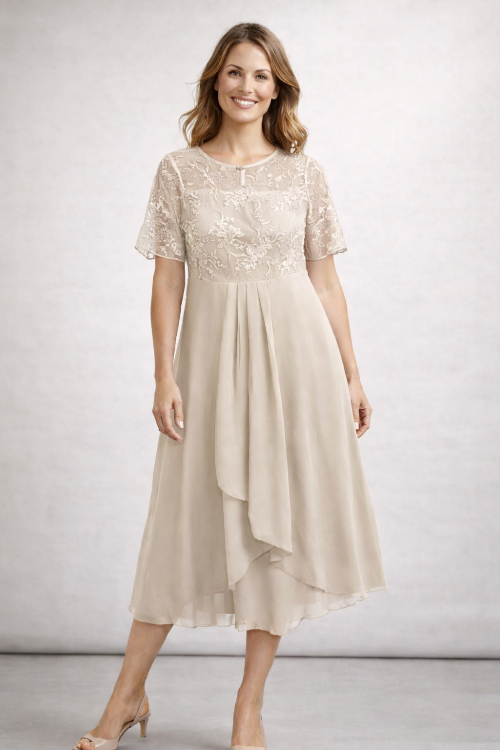 Damen Midikleid mit Spitze und Chiffon Kurzarm 9