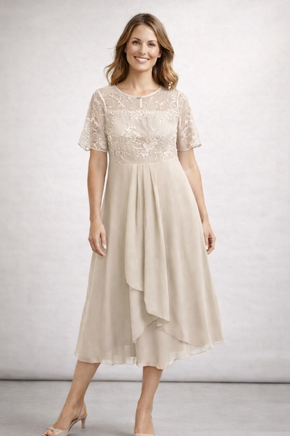 Damen Midikleid mit Spitze und Chiffon Kurzarm 9