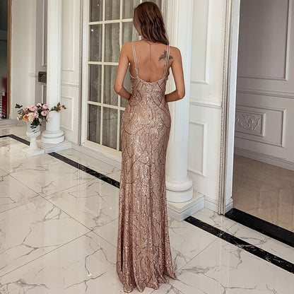 Damen Pailletten Maxi-Abendkleid – Tiefer V-Ausschnitt, Glitzernd & Glamourös 2