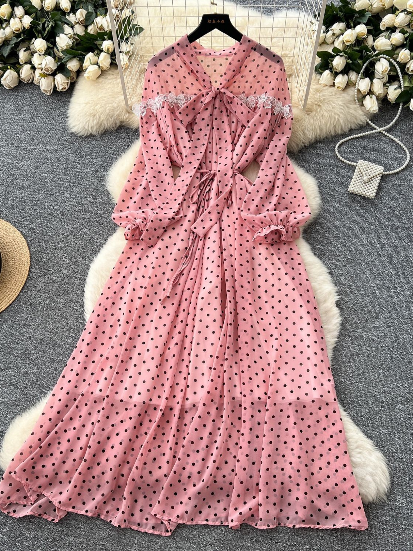 Damen Polka Dot Chiffon Kleid - Elegant & Leicht für Freizeit oder Festlich | Rosa