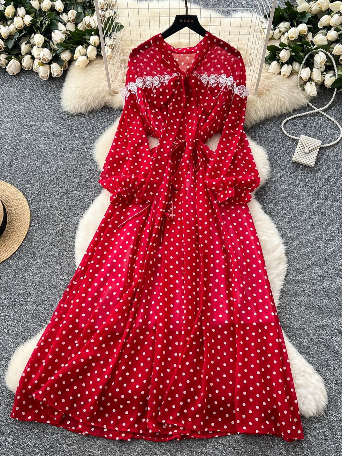 Damen Polka Dot Chiffon Kleid - Elegant & Leicht für Freizeit oder Festlich | Rot