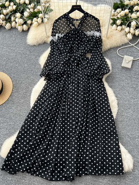 Damen Polka Dot Chiffon Kleid - Elegant & Leicht für Freizeit oder Festlich | Schwarz