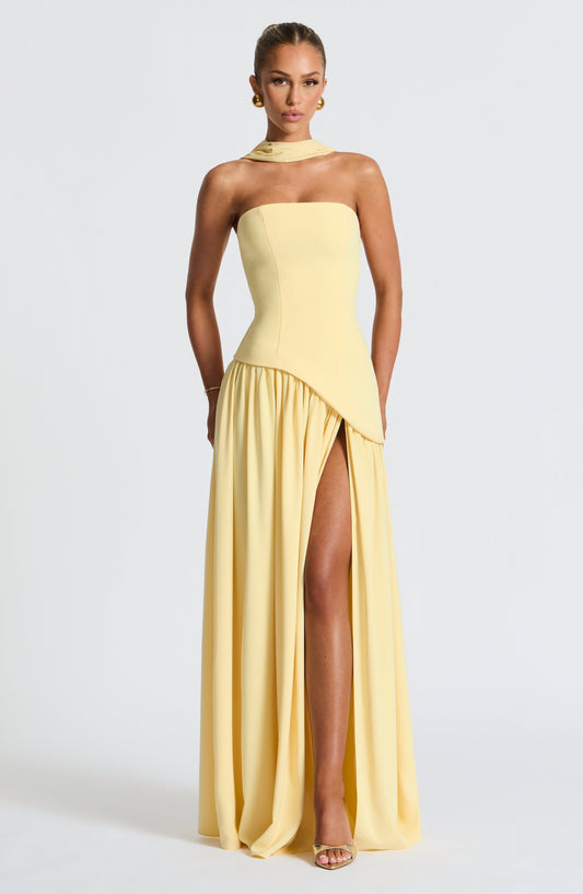 Damen Trägerloses Maxi-Abendkleid – Asymmetrische Taille, Korsett & Hoher Schlitz 0