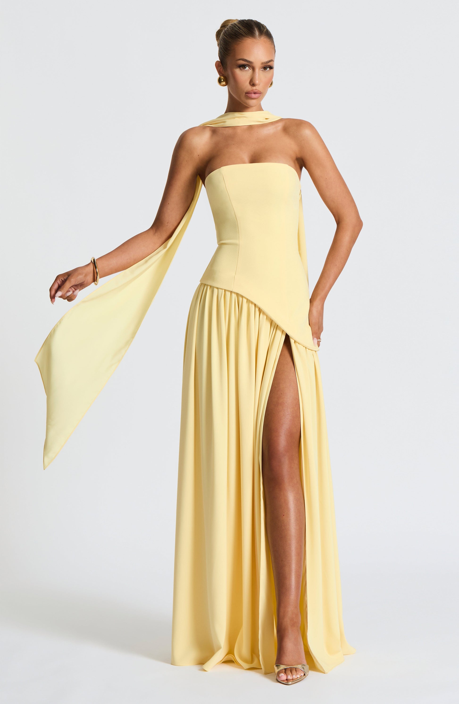 Damen Trägerloses Maxi-Abendkleid – Asymmetrische Taille, Korsett & Hoher Schlitz 1