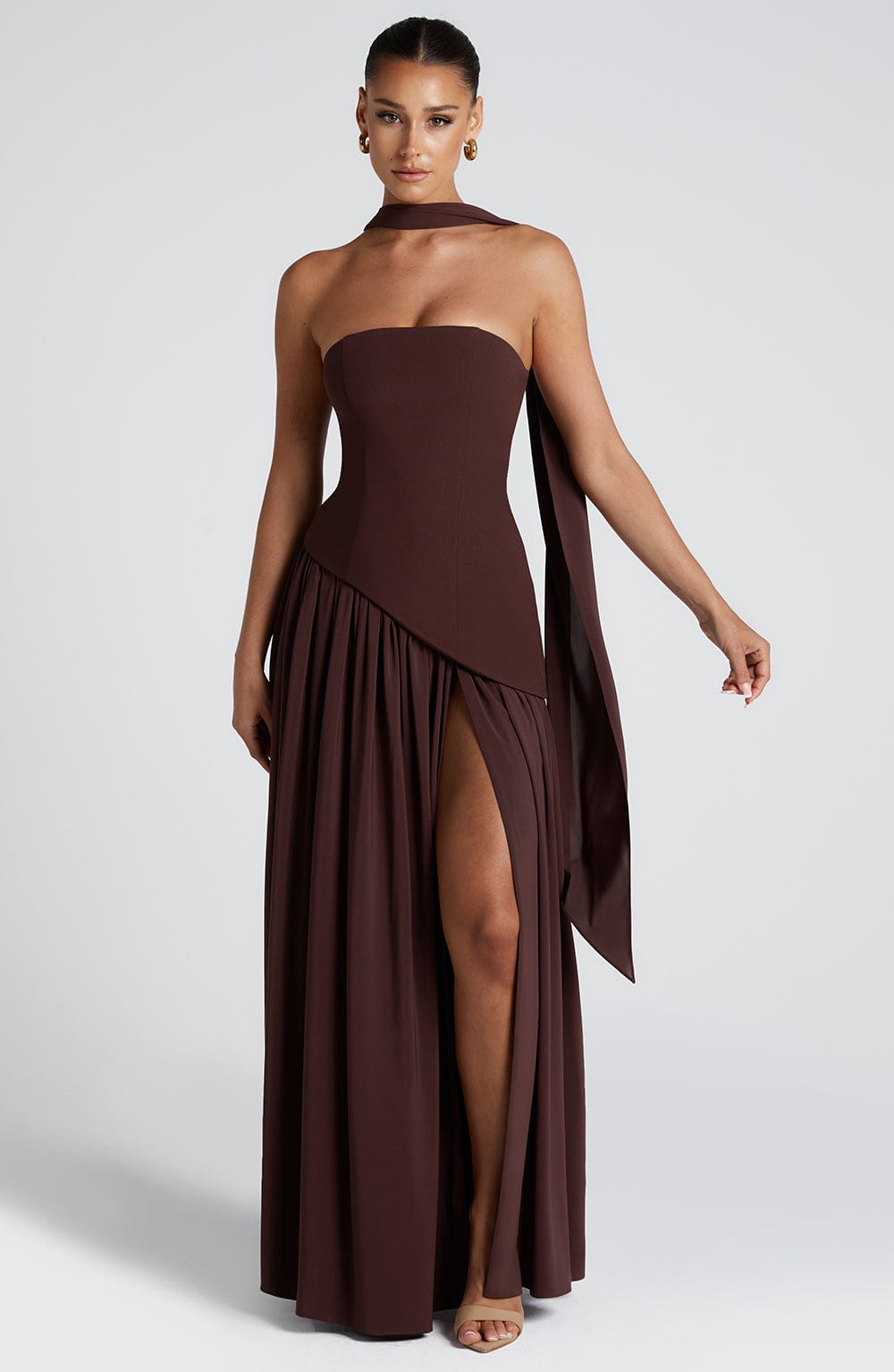 Damen Trägerloses Maxi-Abendkleid – Asymmetrische Taille, Korsett & Hoher Schlitz 4