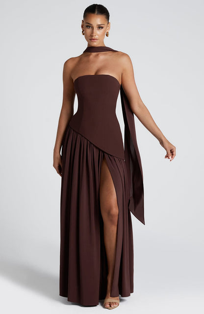 Damen Trägerloses Maxi-Abendkleid – Asymmetrische Taille, Korsett & Hoher Schlitz 4