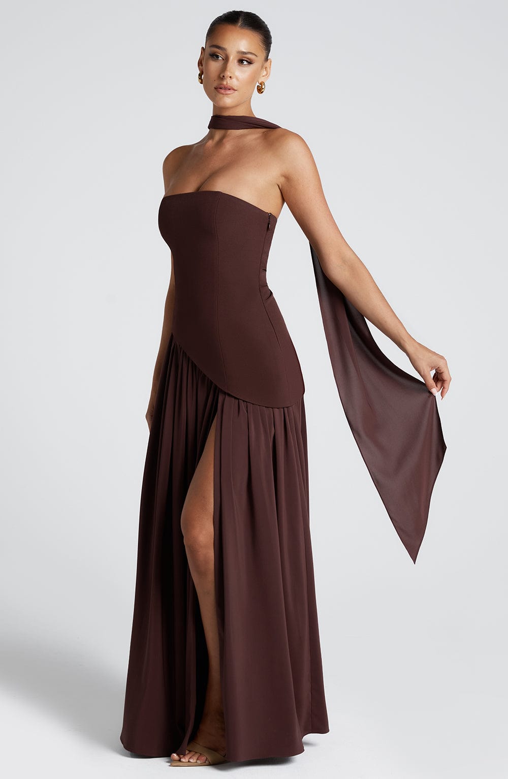 Damen Trägerloses Maxi-Abendkleid – Asymmetrische Taille, Korsett & Hoher Schlitz 5