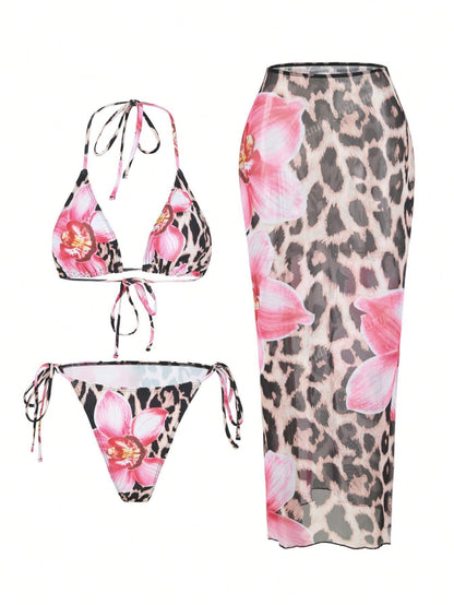 Damen Triangel-Bikini-Set mit floralen Mustern und transparentem Maxirock Echo Archiv 0