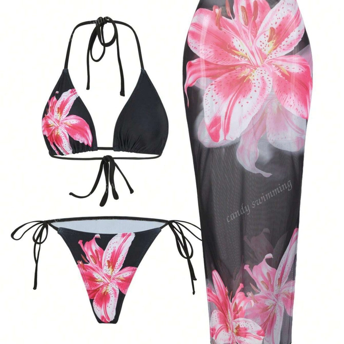 Damen Triangel-Bikini-Set mit floralen Mustern und transparentem Maxirock Echo Archiv 2