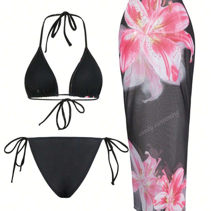 Damen Triangel-Bikini-Set mit floralen Mustern und transparentem Maxirock Echo Archiv 3