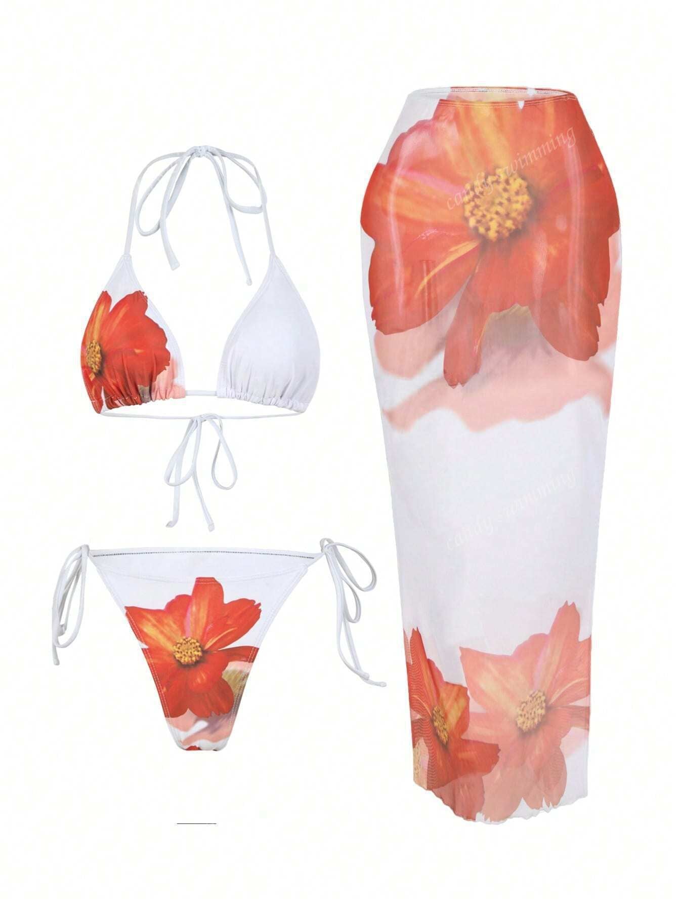 Damen Triangel-Bikini-Set mit floralen Mustern und transparentem Maxirock Echo Archiv 6