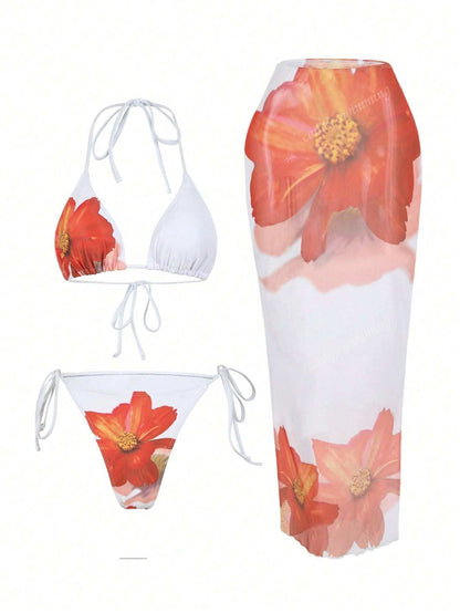 Damen Triangel-Bikini-Set mit floralen Mustern und transparentem Maxirock Echo Archiv 6