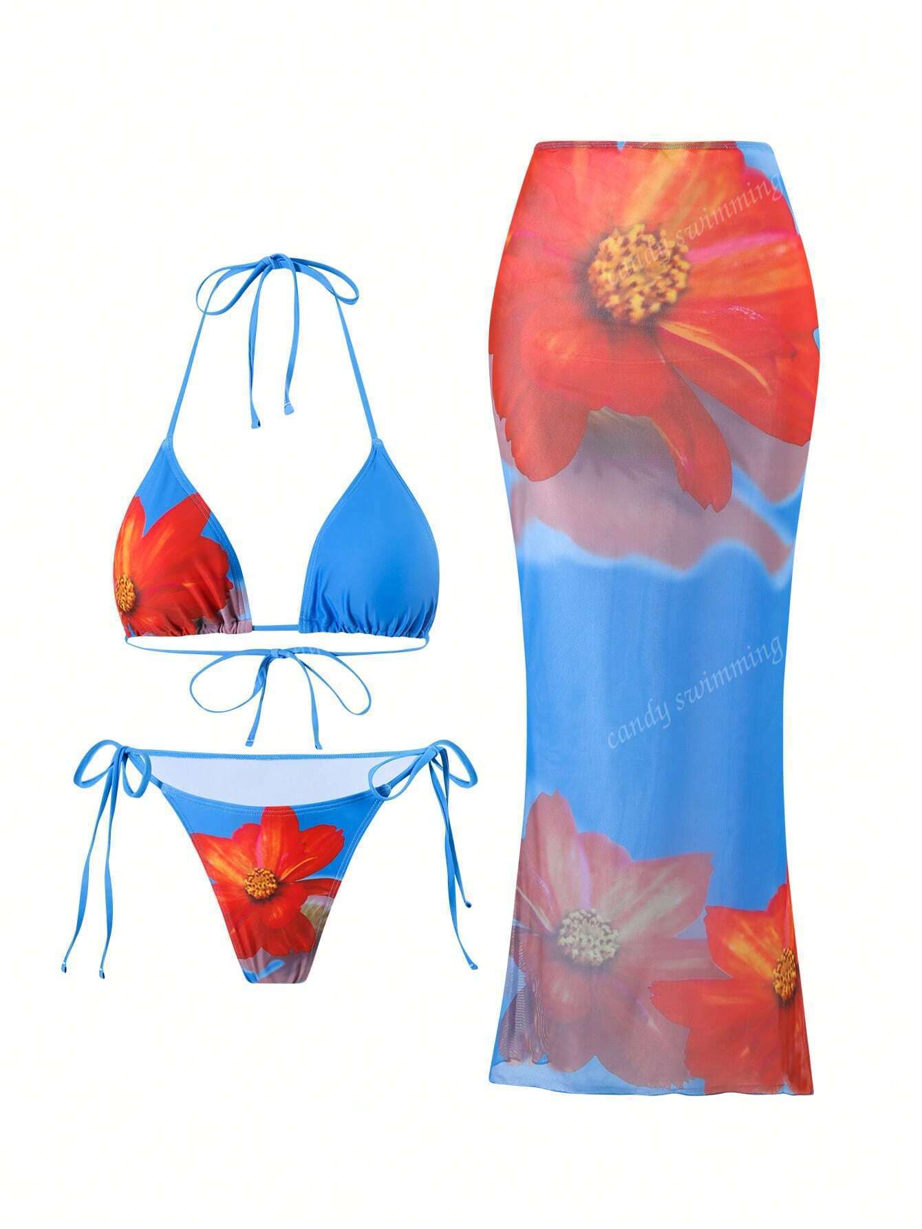 Damen Triangel-Bikini-Set mit floralen Mustern und transparentem Maxirock Echo Archiv 8