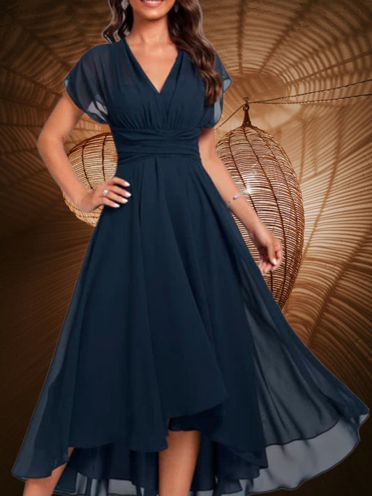 Damen V-Ausschnitt Midi Kleid mit kurzen Ärmeln und ausgestatteten Rock 0