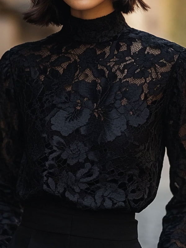 Damenbluse mit floralem Spitzendesign, Stehkragen | Lange Ärmel 0