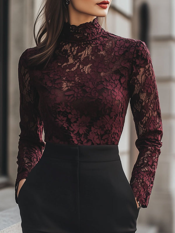 Damenbluse mit floralem Spitzendesign, Stehkragen | Lange Ärmel